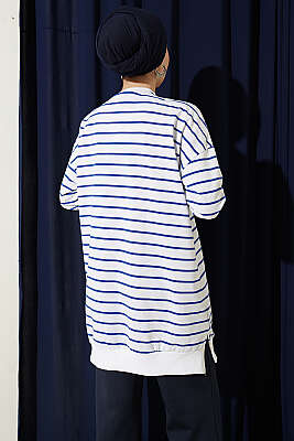 Yatay İnce Çizgili Ribanalı Tunik Saks - Tunik