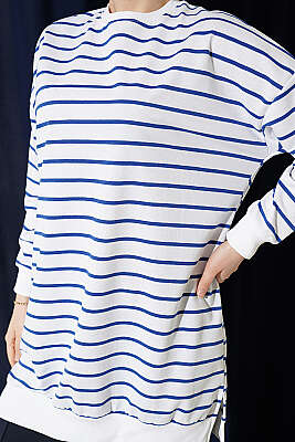 Yatay İnce Çizgili Ribanalı Tunik Saks - Tunik