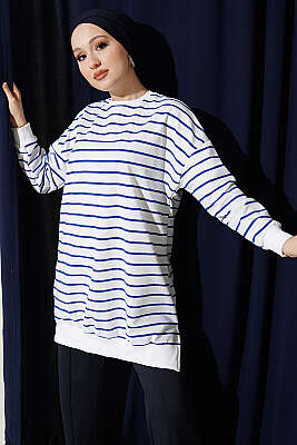 Yatay İnce Çizgili Ribanalı Tunik Saks - ELFİDA TEKSTİL