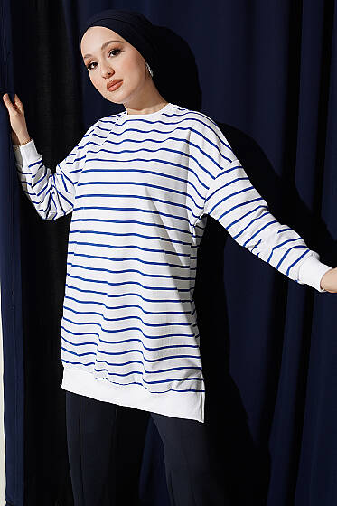 Yatay İnce Çizgili Ribanalı Tunik Saks - Yılın Fırsatı