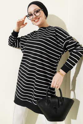 Yatay İnce Çizgili Ribanalı Tunik Siyah - ELFİDA TEKSTİL