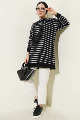 Yatay İnce Çizgili Ribanalı Tunik Siyah - Tunik