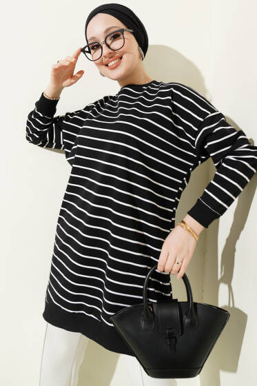 Yatay İnce Çizgili Ribanalı Tunik Siyah - Yılın Fırsatı