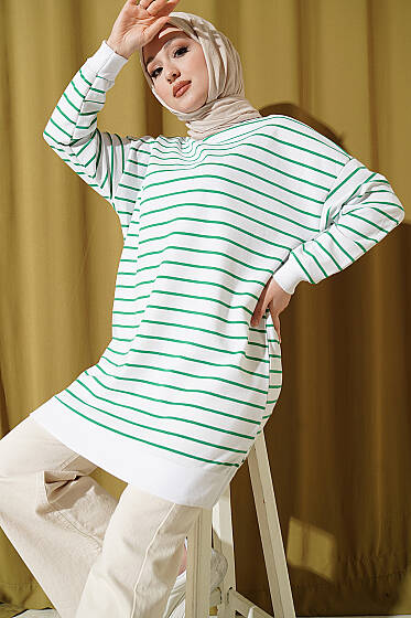 Yatay İnce Çizgili Ribanalı Tunik Yeşil - Tunik