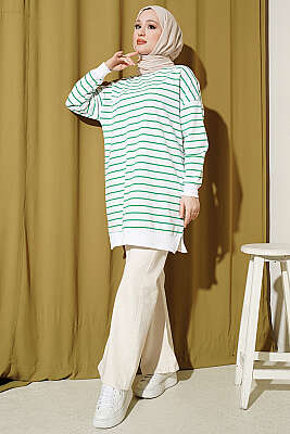 Yatay İnce Çizgili Ribanalı Tunik Yeşil - Tunik