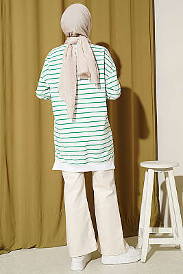 Yatay İnce Çizgili Ribanalı Tunik Yeşil - Tunik