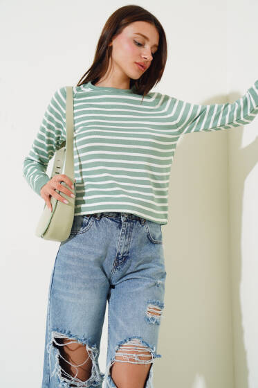 Yatay İnce Çizgili Triko Kazak Çağla Yeşili - Yeni Giyim