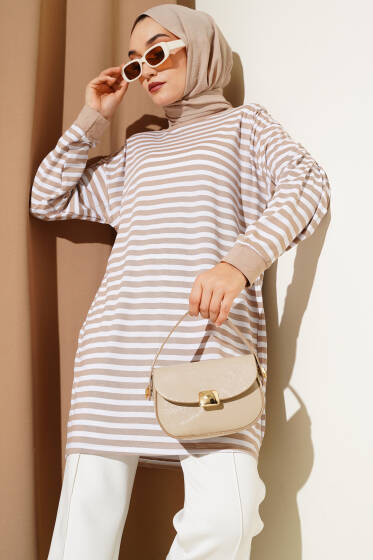 Yatay İnce Çizgili Tunik Bej - Tunik