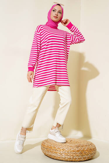 Yatay İnce Çizgili Tunik Fuşya - Tunik