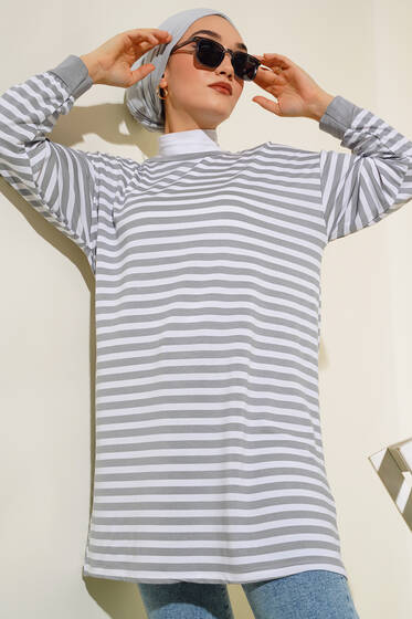 Yatay İnce Çizgili Tunik Gri - Tunik