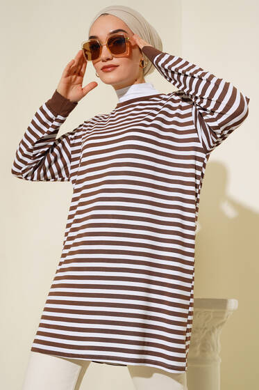 Yatay İnce Çizgili Tunik Kahve - Tunik
