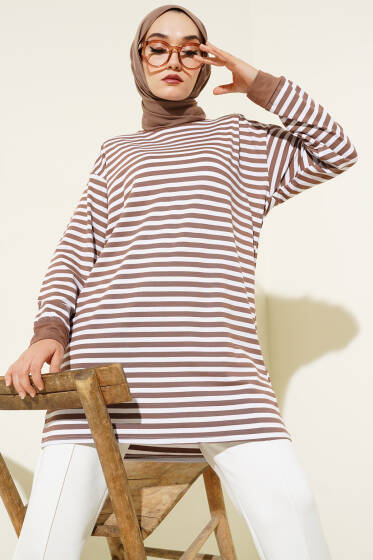 Yatay İnce Çizgili Tunik Kestane - Tunik