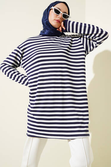 Yatay İnce Çizgili Tunik Lacivert - Tunik
