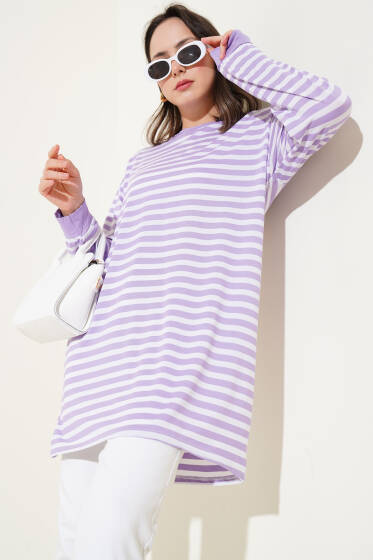 Yatay İnce Çizgili Tunik Lila - Tunik