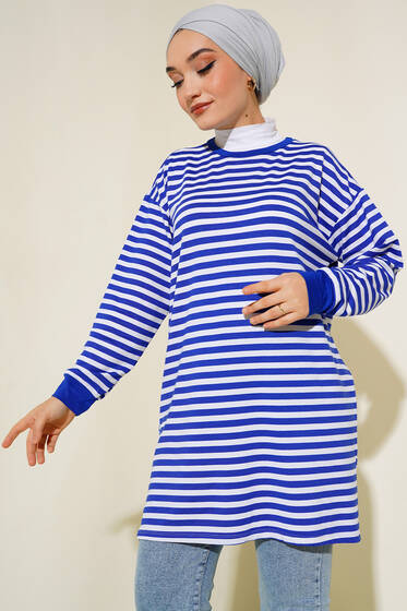 Yatay İnce Çizgili Tunik Saks - Tunik