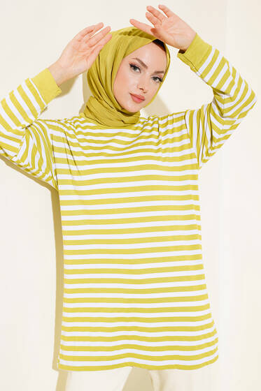 Yatay İnce Çizgili Tunik Yağ Yeşili - Tunik
