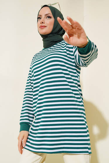 Yatay İnce Çizgili Tunik Zümrüt - Tunik