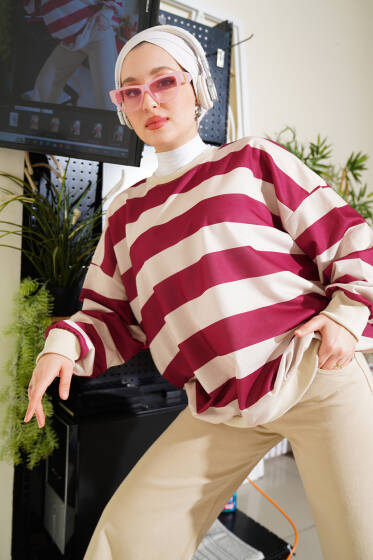 Yatay Kalın Çizgili Salaş Tunik Bordo - Tunik