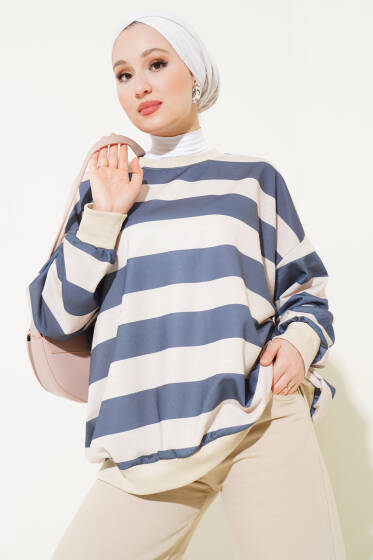 Yatay Kalın Çizgili Salaş Tunik Füme - Tunik