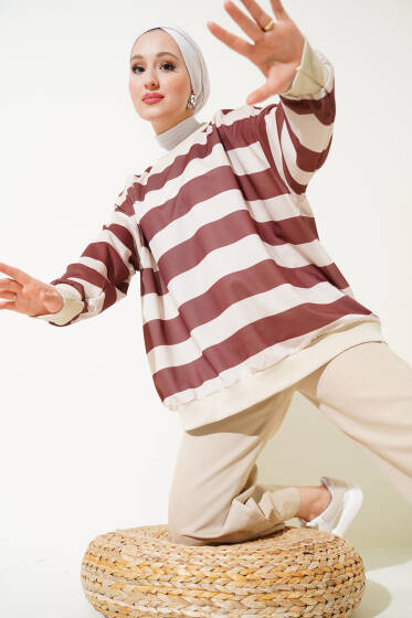 Yatay Kalın Çizgili Salaş Tunik Kahve - Tunik