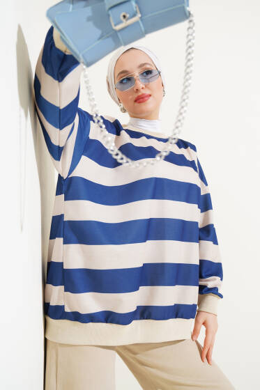 Yatay Kalın Çizgili Salaş Tunik Lacivert - Tunik