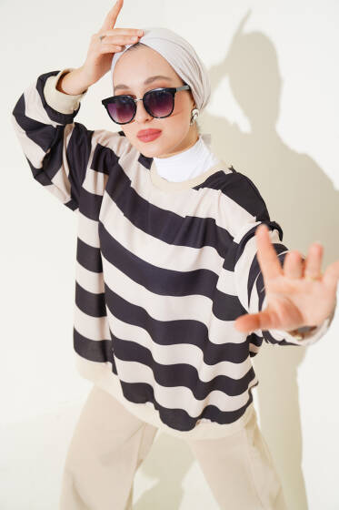 Yatay Kalın Çizgili Salaş Tunik Siyah - Tunik