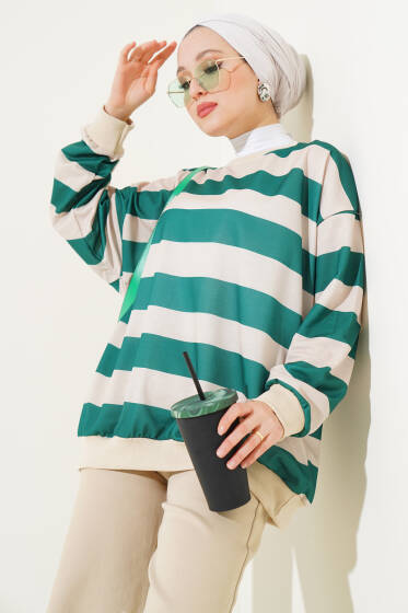Yatay Kalın Çizgili Salaş Tunik Yeşil - Tunik