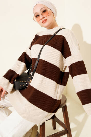 Yatay Kalın Çizgili Triko Tunik Bej - Tunik