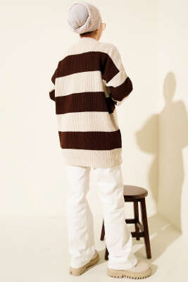 Yatay Kalın Çizgili Triko Tunik Bej - Tunik