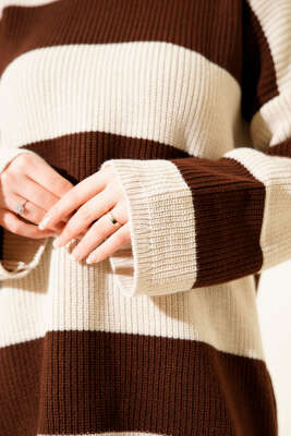 Yatay Kalın Çizgili Triko Tunik Bej - Tunik