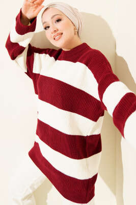 Yatay Kalın Çizgili Triko Tunik Bordo - RAFİMİX
