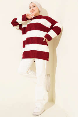 Yatay Kalın Çizgili Triko Tunik Bordo - Tunik
