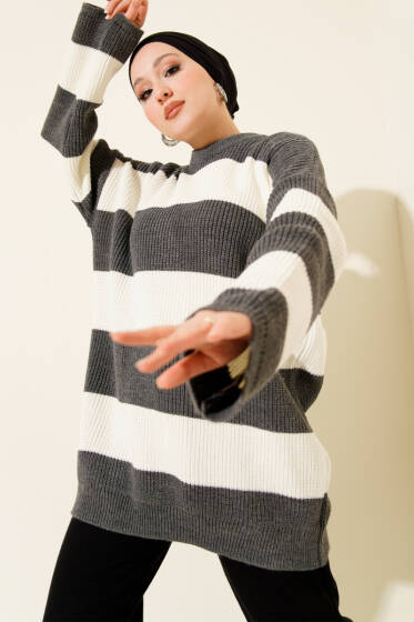 Yatay Kalın Çizgili Triko Tunik Füme - Tunik