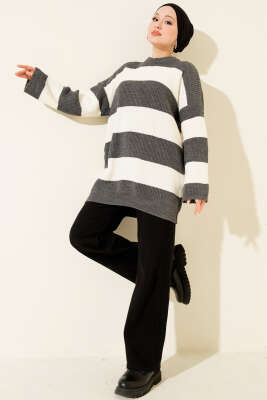 Yatay Kalın Çizgili Triko Tunik Füme - Tunik