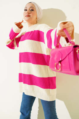 Yatay Kalın Çizgili Triko Tunik Fuşya 