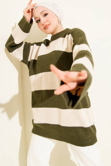 Yatay Kalın Çizgili Triko Tunik Haki - Tunik