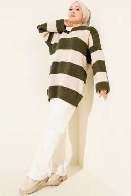 Yatay Kalın Çizgili Triko Tunik Haki - Tunik
