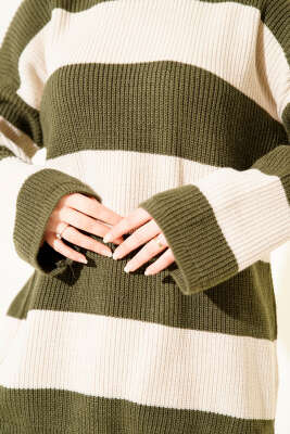 Yatay Kalın Çizgili Triko Tunik Haki - Tunik