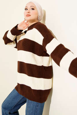 Yatay Kalın Çizgili Triko Tunik Kahve - RAFİMİX