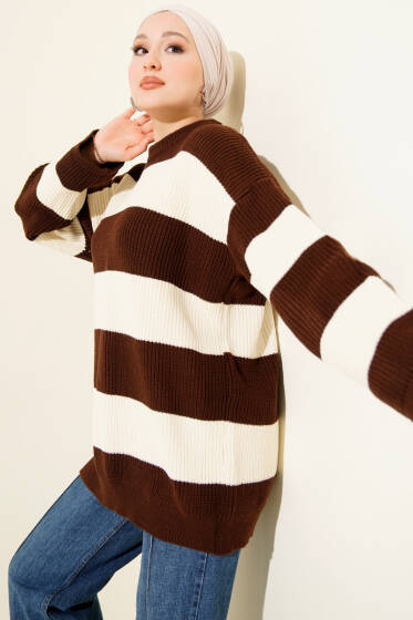 Yatay Kalın Çizgili Triko Tunik Kahve - Tunik