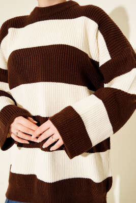 Yatay Kalın Çizgili Triko Tunik Kahve - Tunik