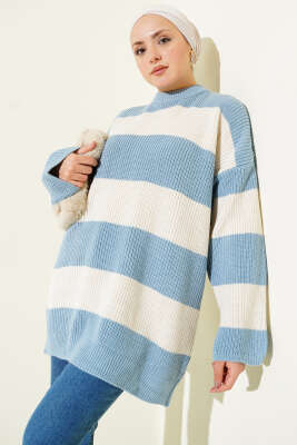 Yatay Kalın Çizgili Triko Tunik Mavi 