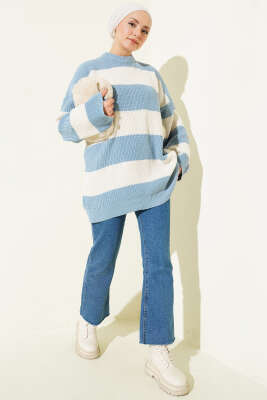 Yatay Kalın Çizgili Triko Tunik Mavi - Tunik