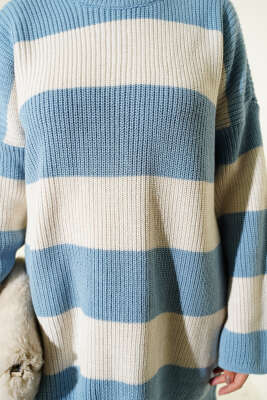 Yatay Kalın Çizgili Triko Tunik Mavi - Tunik