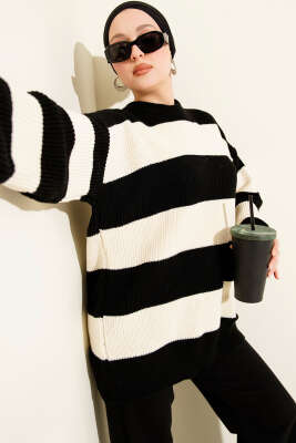Yatay Kalın Çizgili Triko Tunik Siyah - RAFİMİX
