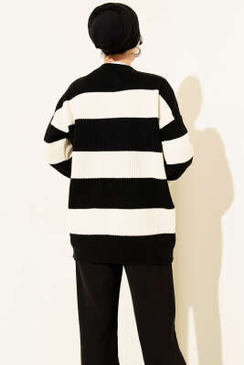 Yatay Kalın Çizgili Triko Tunik Siyah - Tunik