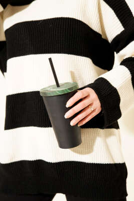 Yatay Kalın Çizgili Triko Tunik Siyah - Tunik