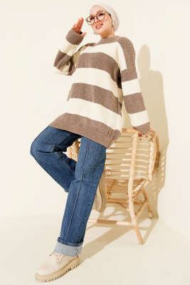 Yatay Kalın Çizgili Triko Tunik Vizon - Tunik