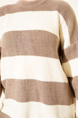 Yatay Kalın Çizgili Triko Tunik Vizon - Tunik