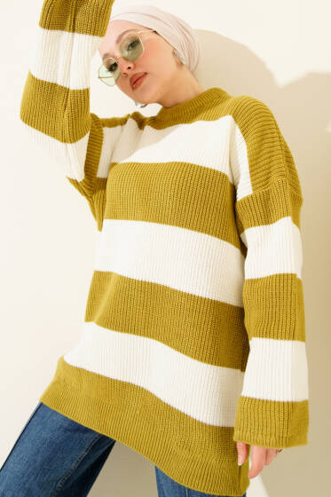 Yatay Kalın Çizgili Triko Tunik Yağ Yeşili - Tunik